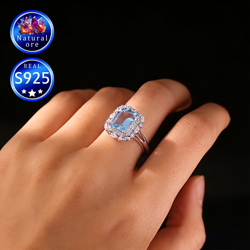 Women's Adjustable 925 Silver Ring with Blue Natural Topaz, Gift Box